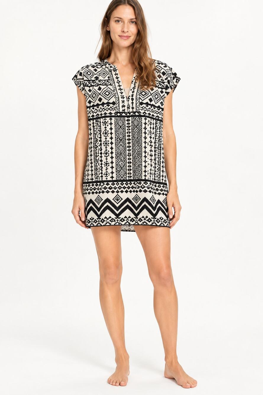 Madewell Black Cream Geometric Print Tunic Mini Shift Dress Womens Small